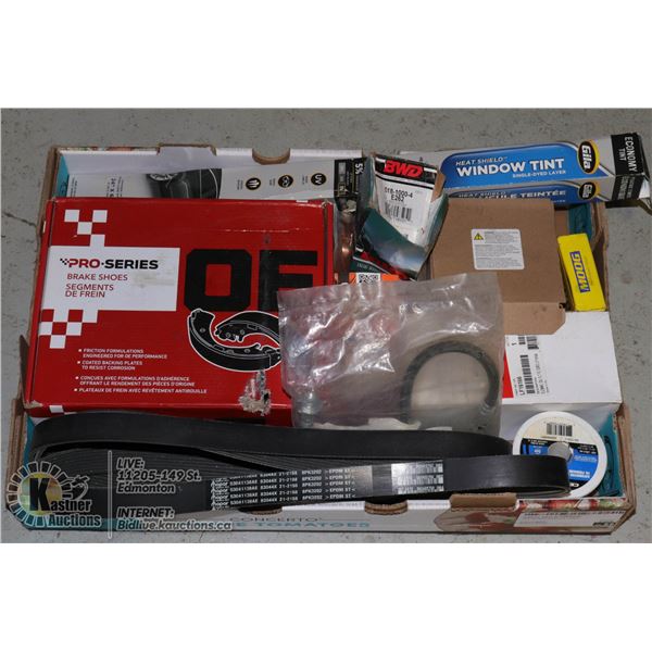 LARGE FLAT FULL OF NEW AUTOMOTIVE PARTS, U-JOINTS, DRUM BRAKE SHOES, SERPENTINE BELT, FUEL FILTERS, 