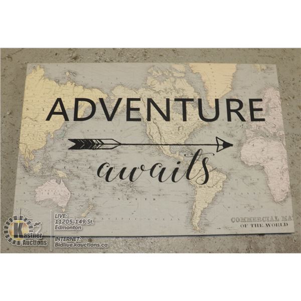 LARGE CANVAS COMMERCIAL MAP OF THE WORLD - 36"L X 24"H WITH "ADVENTURE WAITS" SLOGAN