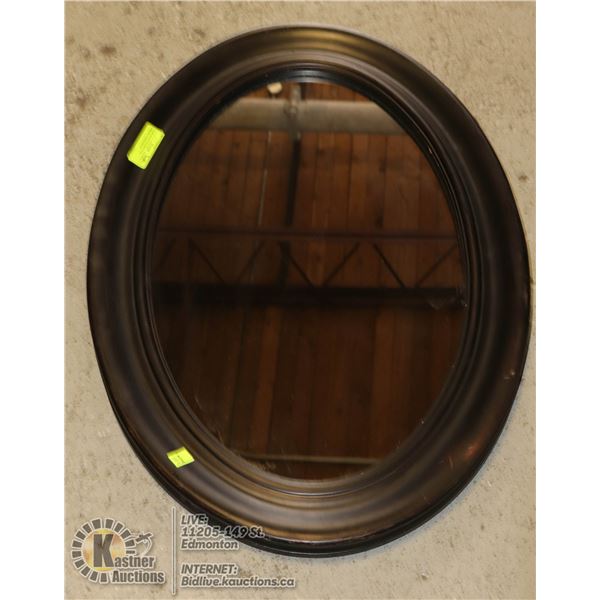 DARK WOOD FRAMED OVAL MIRROR - HORIZONTAL OR VERTICAL HANG - APPROX. 31"X21"
