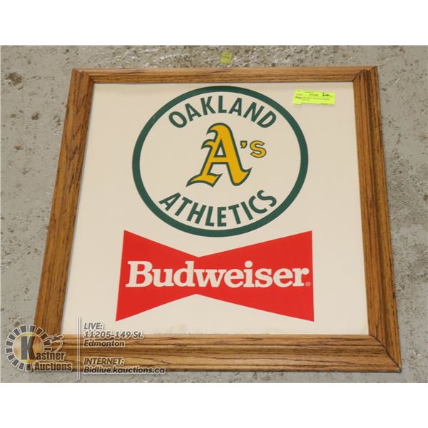 WOOD FRAMED 1989 BUDWEISER OAKLAND A'S BASEBALL/BEER POSTER (20.5"X20.5")