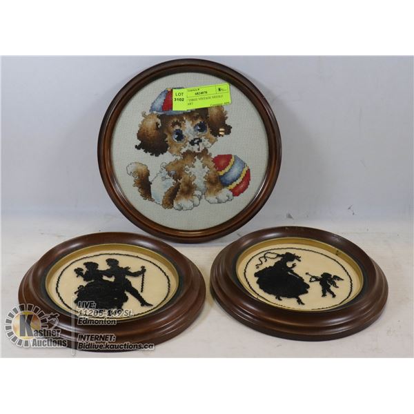 LOT OF THREE VINTAGE NEEDLE POINT ART IN ROUND FRAME
