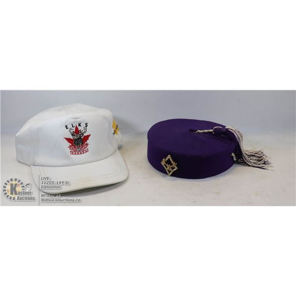 PAIR OF VINTAGE HIS AND HERS ELKS CANADA HAT WOMENS HAT MADE BY UNITED HATTERS CAP, COMPLETE WITH EL