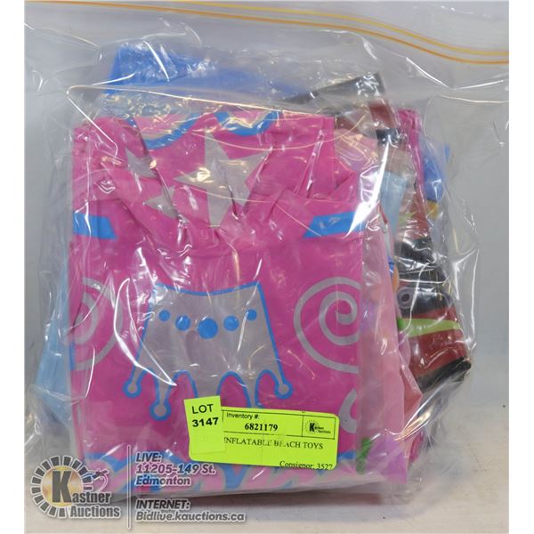LOT OF INFLATABLE BEACH TOYS VARIOUS COLORS AND STYLES