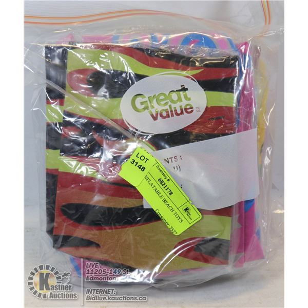 LOT OF INFLATABLE BEACH TOYS VARIOUS COLORS AND STYLES