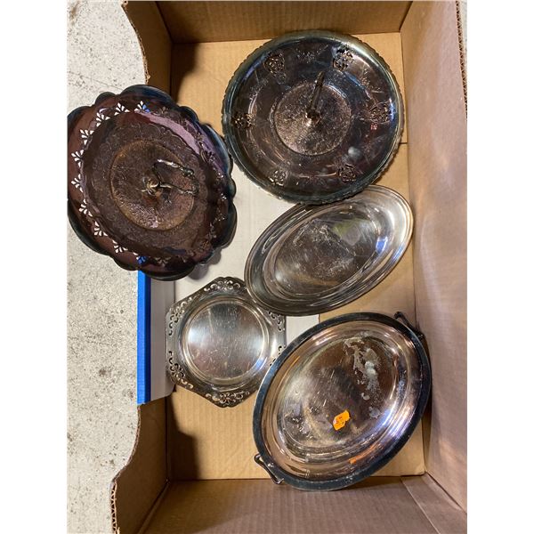 BOX OF SILVER PLATE TRAYS AND BOWLS