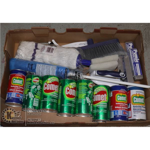 LARGE FLAT WITH NEW PROFESSIONAL CLEANING SUPPLIES INCL. 8X TINS OF COMET DISINFECTANT CLEANSER, 4X 
