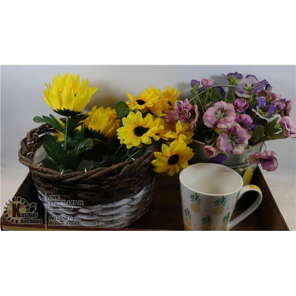 HANDPAINTED PAIL OF PANSIES,WICKER BASKET/FLOWERS