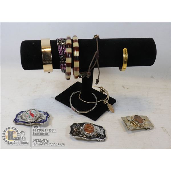 FLAT OF BRACELETS, BELT BUCKLES AND DISPLAY.