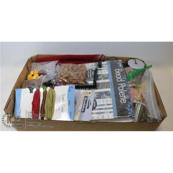 FLAT OF CRAFTING SUPPLIES. SUEDE CORD, BEADS, FABRIC, TOOLS ETC