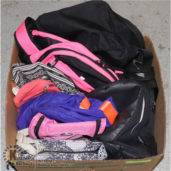 LARGE BOX OF BACKPACKS, TRAVEL BAGS, SPORTS BAGS, ETC.