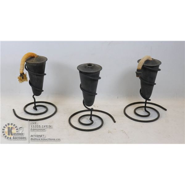 SET OF 3 VINTAGE BURNERS ON ROD IRON STANDS