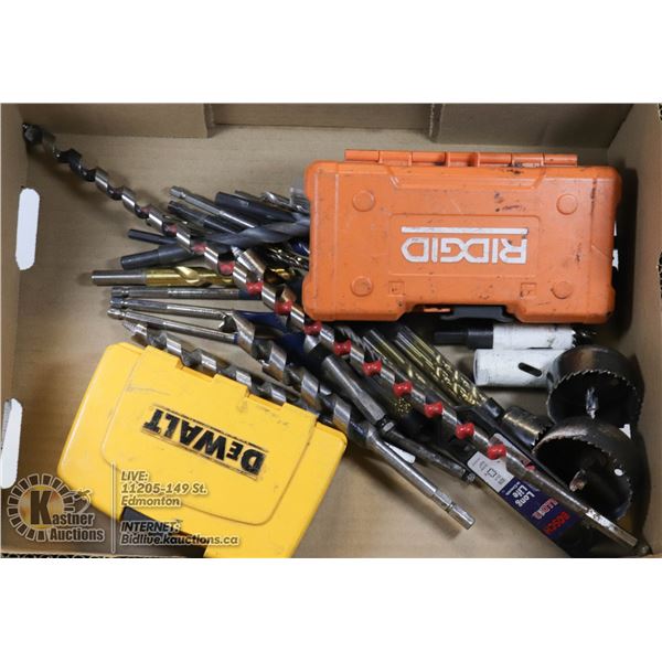 FLAT WITH COLLECTION OF VARIOUS TYPES OF DRILL BITS INCLUDING NEW PACKS AND SPECIALTY BITS