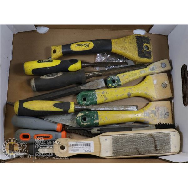BOX OF FILES, RASPS, CHISELS, SCRAPERS