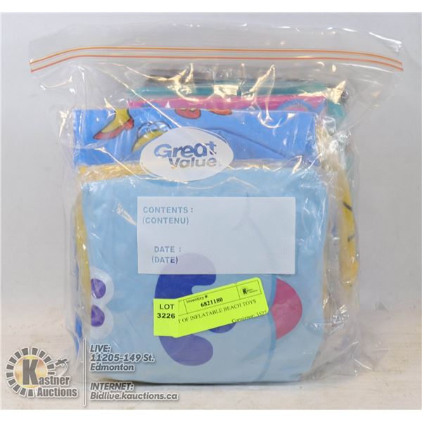 LOT OF INFLATABLE BEACH TOYS VARIOUS COLORS AND STYLES