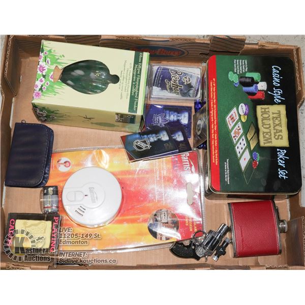 FLAT W/ NEW ITEMS INCL. HUMMINGBIRD FEEDER, 5-PACK OF UNOPENED HOCKEY CARDS, SMOKE ALARM, PEDICURE S