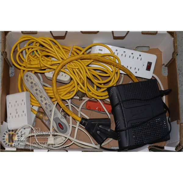LARGE FLAT OF POWER CORDS AND POWERBARS INCL. 10 GAUGE SINGLE TAP - 3 TAP SHORT EXTENSION, LIT 3 TAP