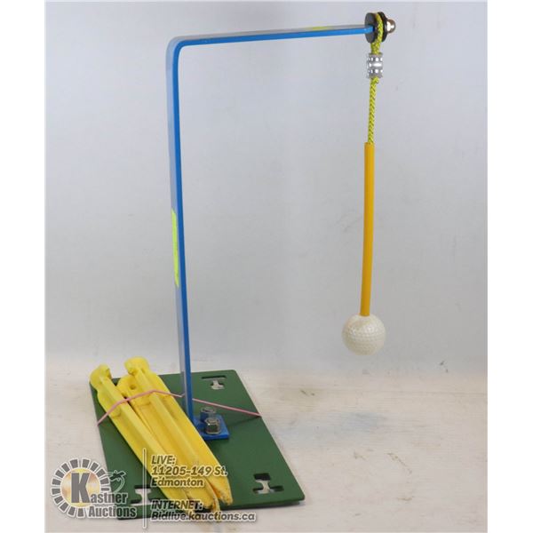 GOLF PRACTICE TOOL METAL BASE WITH SWINGING BALL. GREAT FOR BACKYARD.