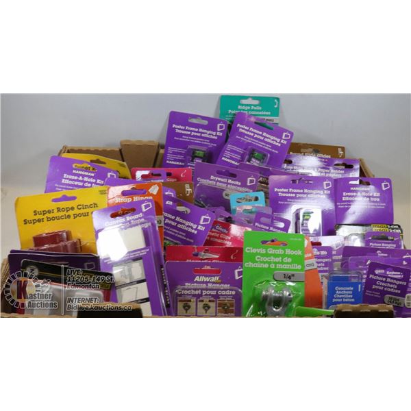 LARGE FLAT OF DRYWALL HOOKS, RIDGE PULLS, POSTER FRAME HANGING KITS, AND MORE