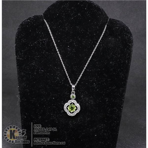 #133-GREEN PERIDOT PENDANT & NECKLACE 18" JEWELRY/  .925 STERLING SILVER