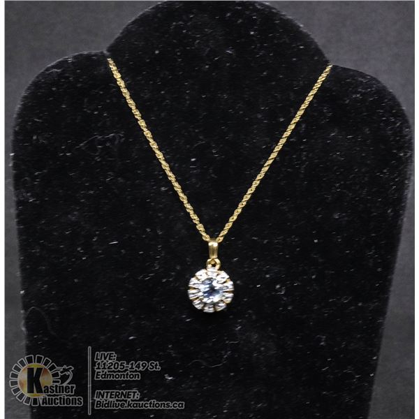 #117-BLUE TOPAZ PENDANT & NECKLACE 18" JEWELRY/  .925 STERLING SILVER/ GOLD PLATED