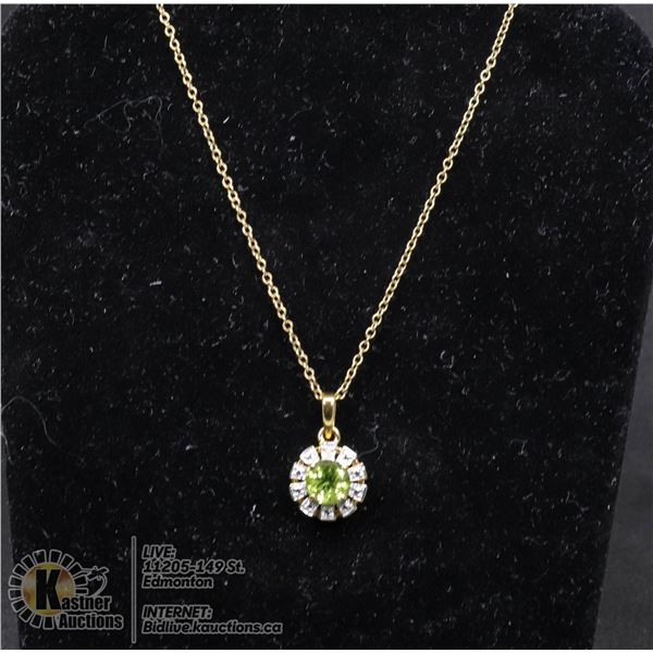 #122-GREEN PERIDOT PENDANT & NECKLACE 18" JEWELRY/  .925 STERLING SILVER/ GOLD PLATED