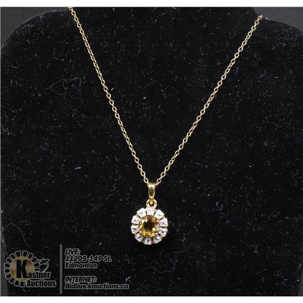 #126-CITRINE PENDANT & NECKLACE 18" JEWELRY/  .925 STERLING SILVER/ GOLD PLATED