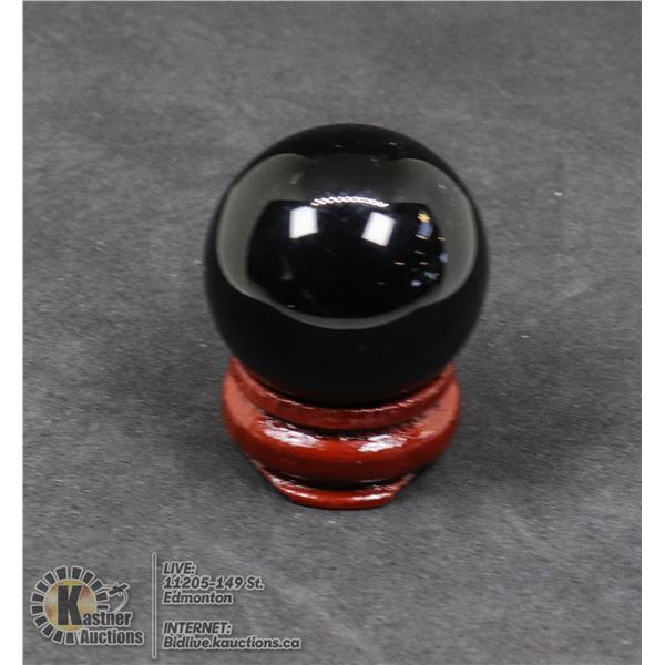 #275-NATURAL BLACK OBSIDIAN SPHERE BALL + STAND JEWELRY/ HEALING MINERAL/ 29.6mm