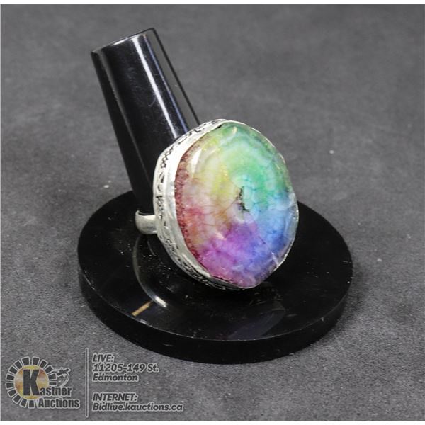 #55-NATURAL RAINBOW SOLAR QUARTZ RING SIZE 8 JEWELRY/ SILVER PLATED/ HEALING MINERAL