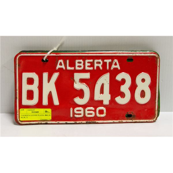 5 ALBERTA LICENSE PLATES-1960, 62, 64, 68, 72