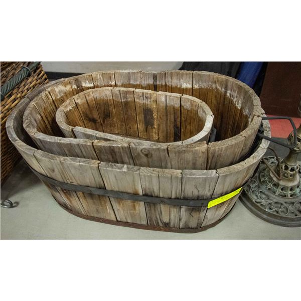 SET OF 3 RUSTIC BARREL PLANTERS SET