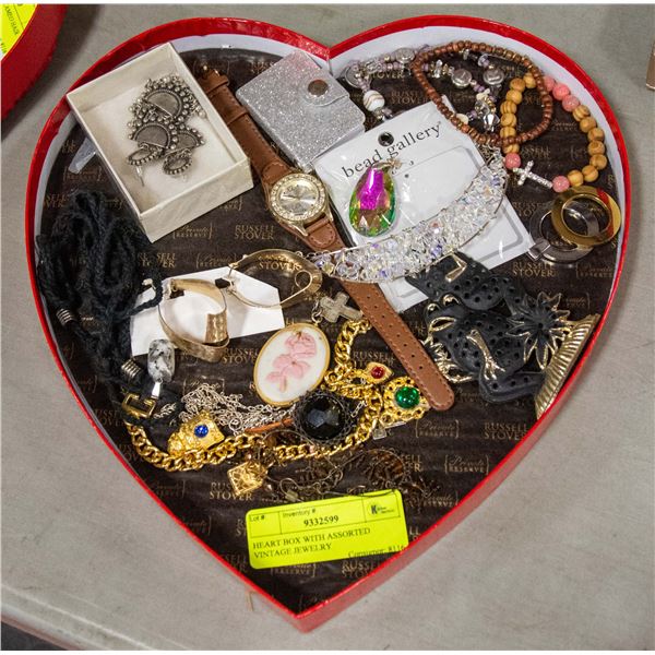 HEART BOX WITH ASSORTED VINTAGE JEWELRY