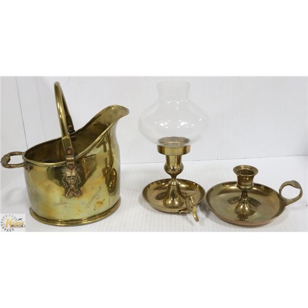ANTIQUE BRASS SCUTTLE & 2 CANDLE LANTERNS