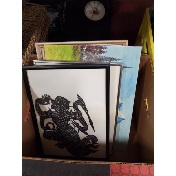 BOX OF PICTURES INCLUDES LEATHER ART AND OIL