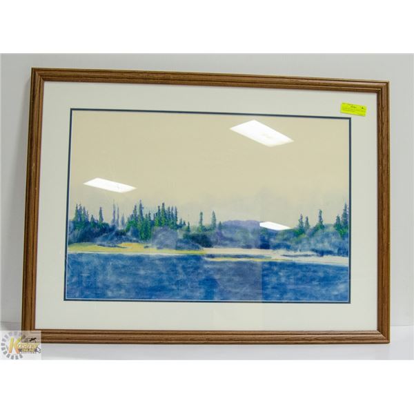 FRAMED WATER COLOR PICTURE OF A RIVER WITH TREE