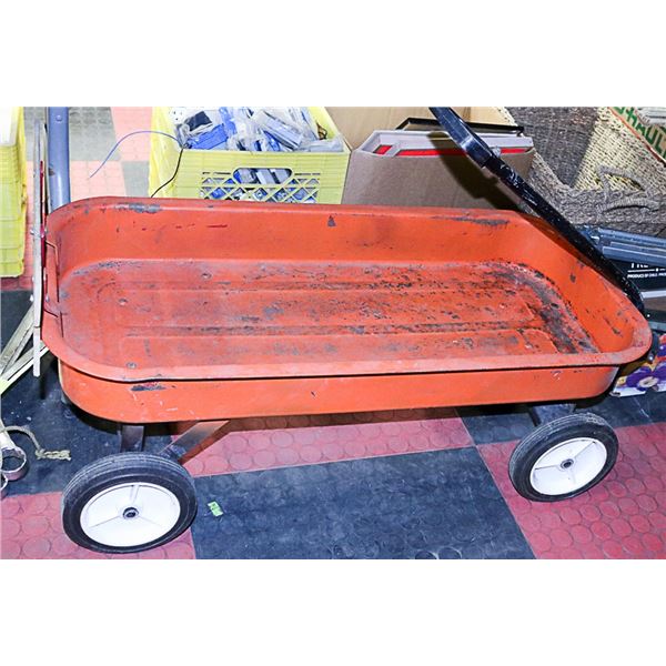 ANTIQUE METAL WAGON WITH WOOD SLAT BACK