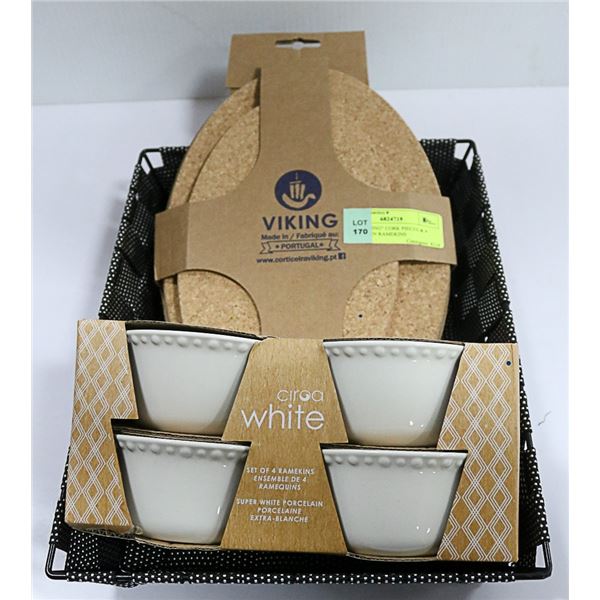 NEW  VIKING CORK PIECES & 4 PORCELAIN RAMEKINS