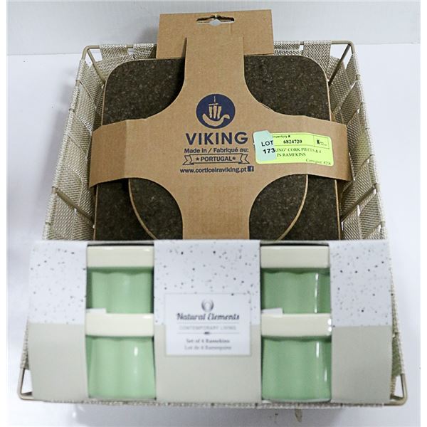 NEW "VIKING" CORK PIECES & 4 PORCELAIN RAMEKINS