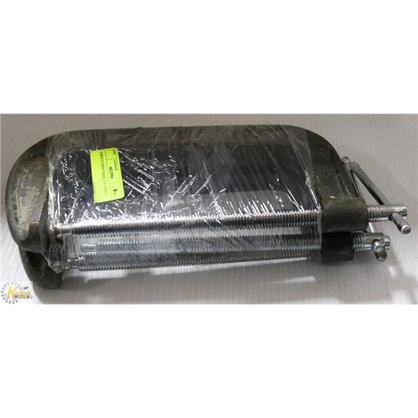 THREE 8" INDUSTRIAL C-CLAMPS.