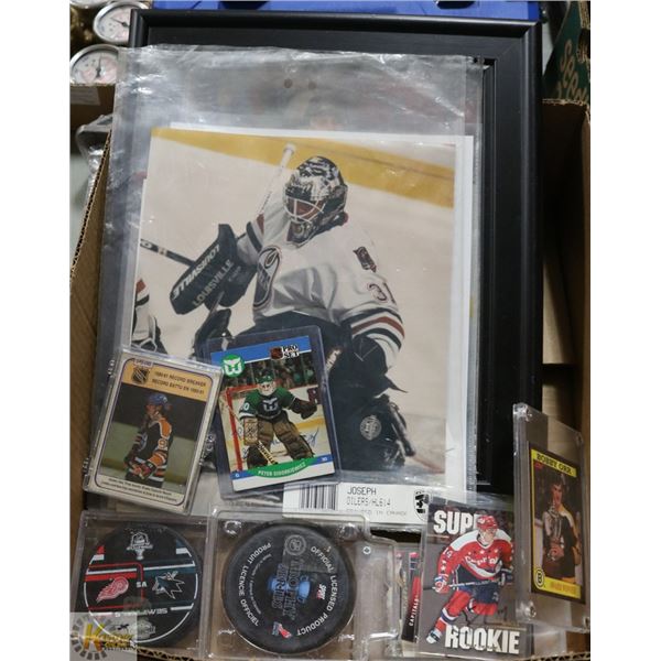 BOX W/ HOCKEY MEMORABILIA, SIGNATURES NOT VERIFIED