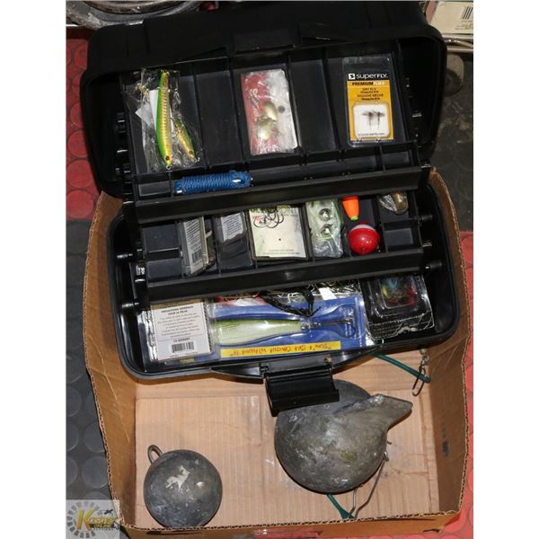 FISHING BOX W/ CONTENT AND HEAVY FISHING WEIGHTS.