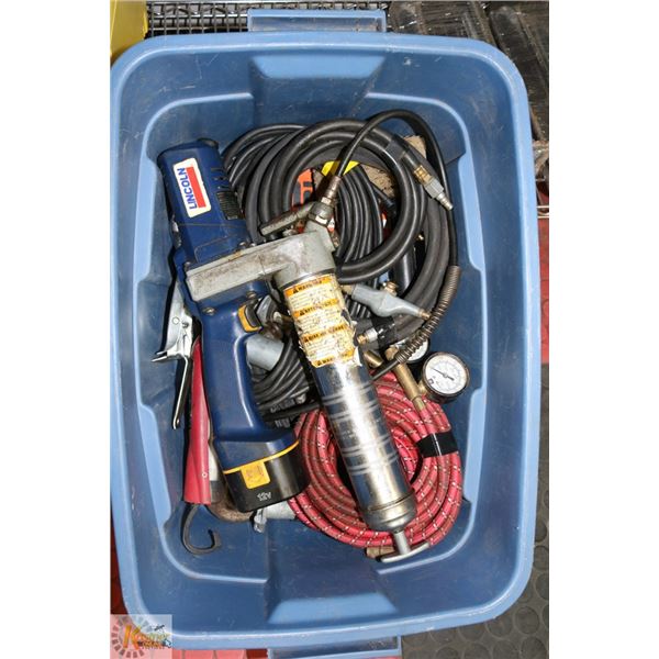 BOX W/ VARIOUS  LINCOLN 12V POWER LUBER ETC.