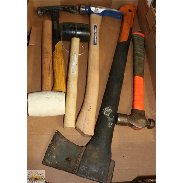 LARGE FLAT OF VARIOUS HAMMERS AND AXE
