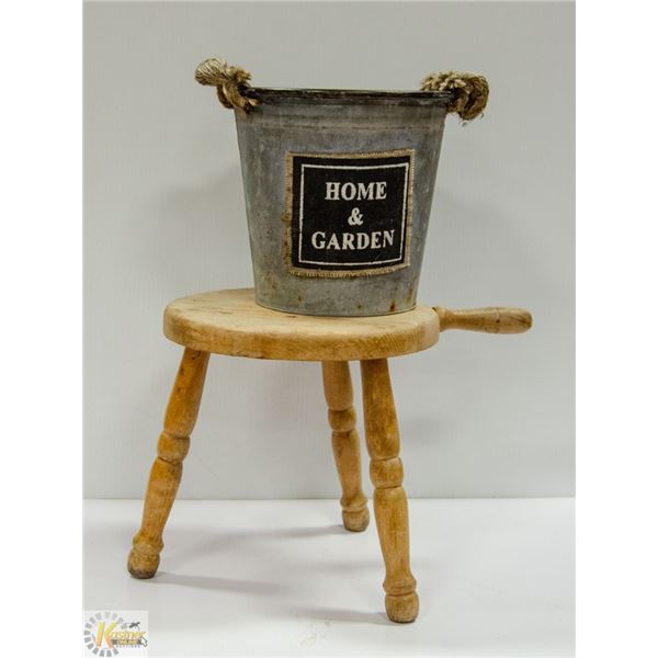 ANTIQUE COW MILKING STOOL,ROPE HANDLE PAIL