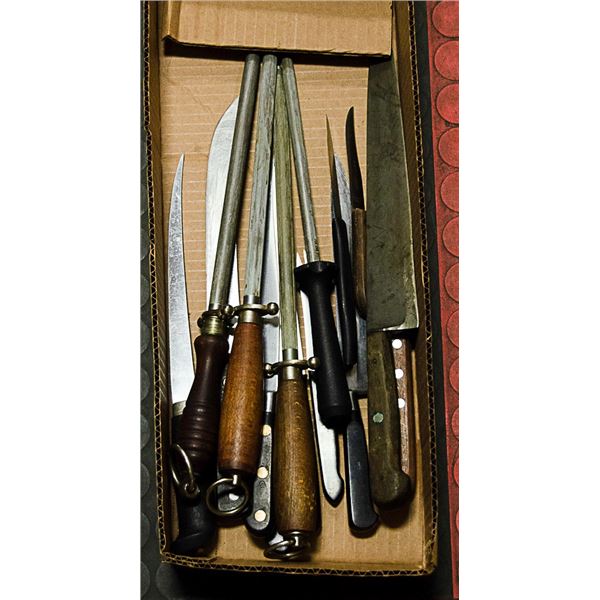 BOX W/ VINTAGE CHEF'S KNIVES & SHARPENERS.