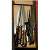 Image 1 : BOX W/ VINTAGE CHEF'S KNIVES & SHARPENERS.