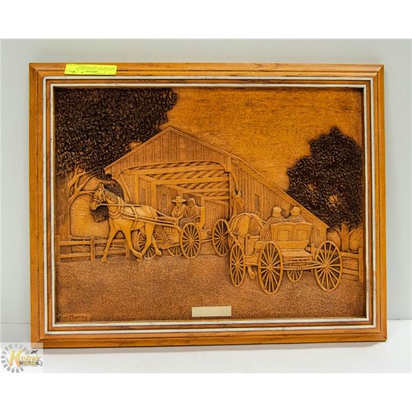 KIM MURRAY CARVED WOOD PICTURE "AT THE CROSSING"