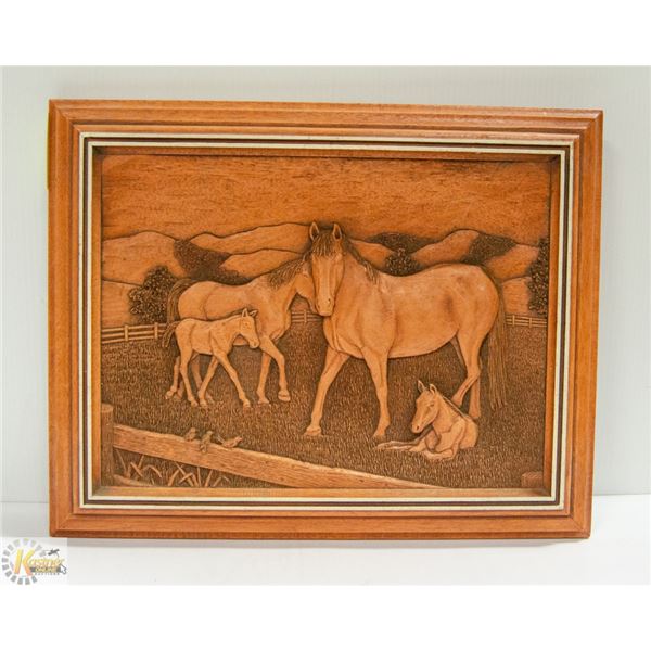 HAND CARVED IN WOOD HORSES IN FIELD ,SIGNED