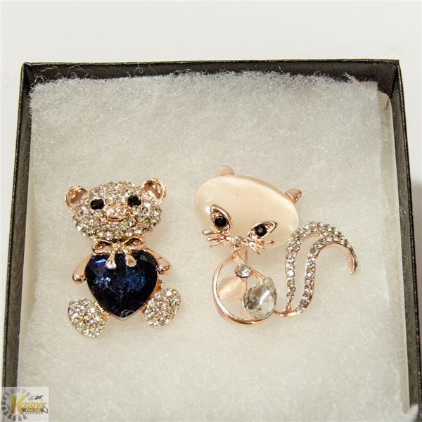CAT & HEART SHAPED TEDDY BEAR RHINESTONE BROOCHES