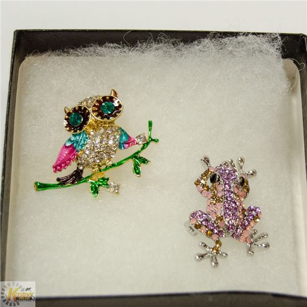 OWL & FROG RHINESTONE BROOCHES