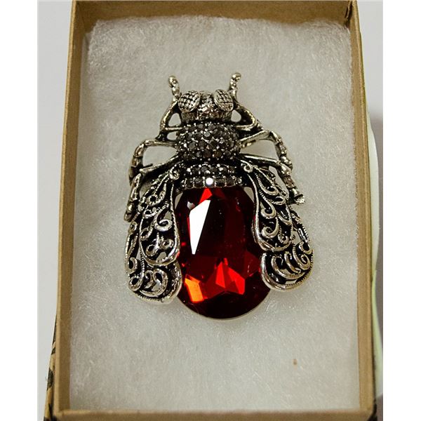 RUBY COLOR STONE BEETLE RHINESTONE BROOCH
